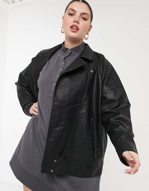 Noisy May Curve oversized leather look jacket in black