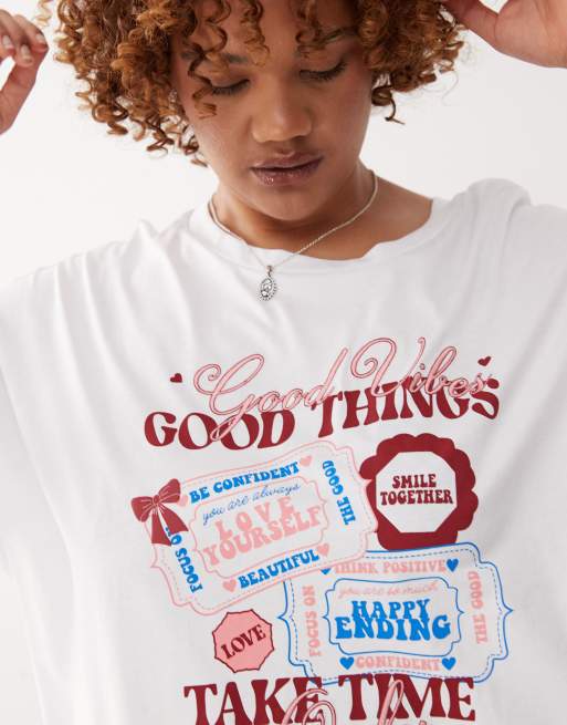 Noisy May Curve oversized R-shirt with Good Things print in white