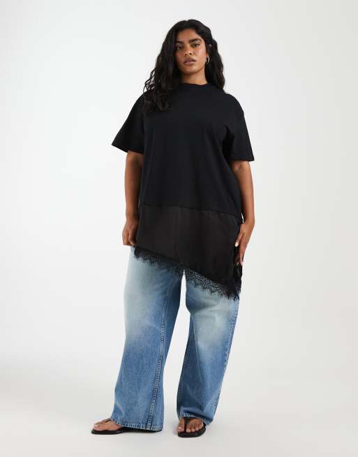 Noisy May Curve oversized satin t-shirt with asymm lace hem in black, 2 of 4