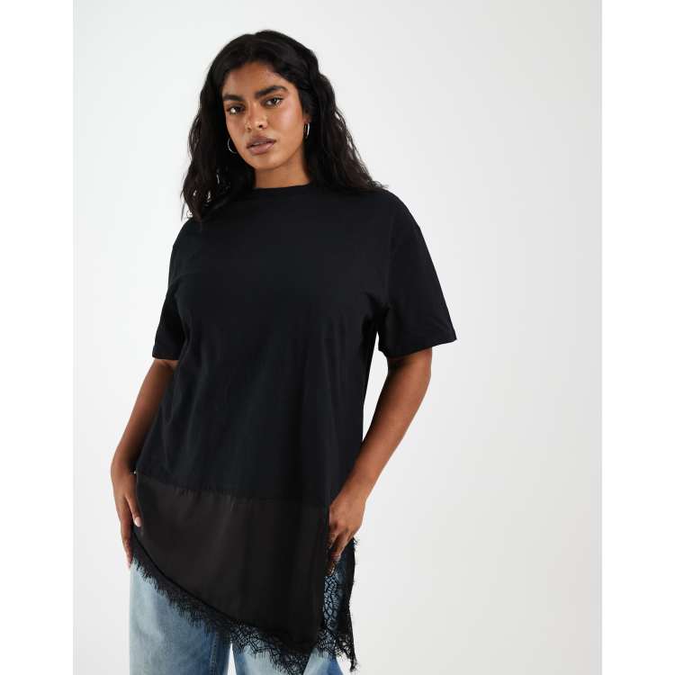 Noisy May Curve oversized satin t-shirt with asymmetric lace hem