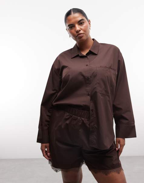 Noisy May Curve oversized shirt co-ord met kanten zakdetail in chocoladebruin - view 1