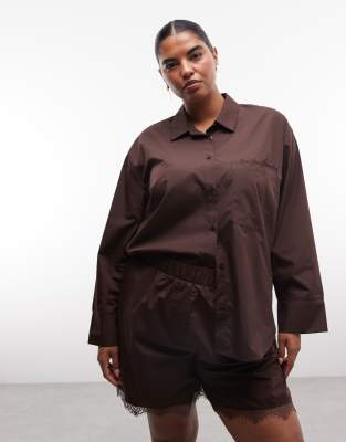 Noisy May Curve Oversized Shirt Co-ord With Lace Pocket Detail In Brown