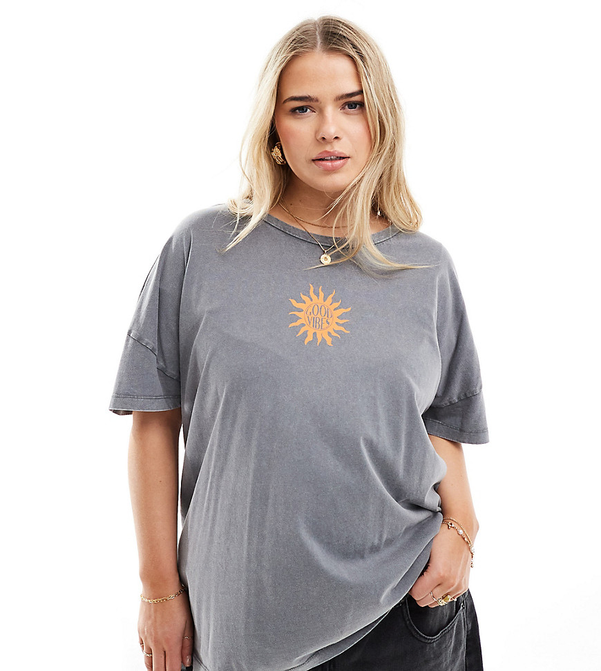 Noisy May Curve Oversized T-shirt With Good Vibes Print In Washed Gray