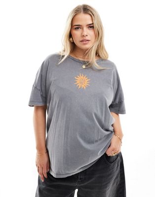 Noisy May Curve oversized t-shirt with good vibes print in washed grey