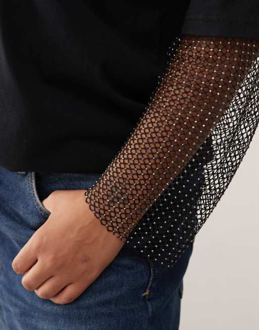 Noisy May Curve oversized T-shirt with rhinestone sleeves in black, 2 of 4