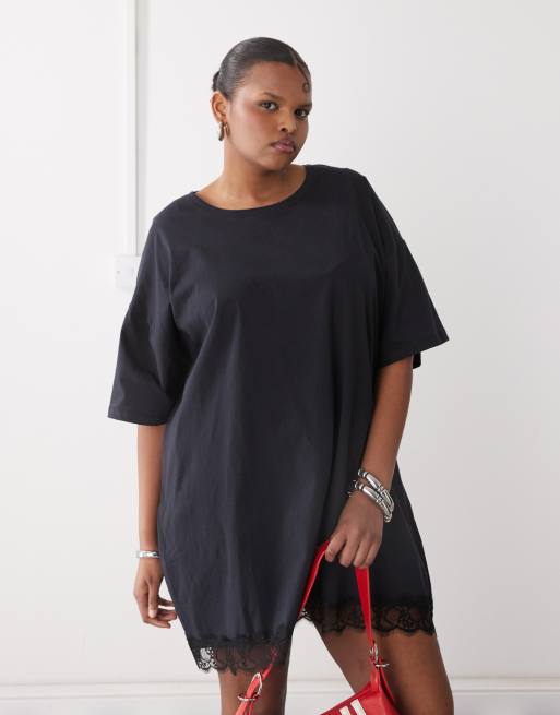 Noisy May Curve - Oversized T-shirtjurk met kanten rand in zwart, 2 van 4