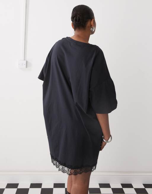 Noisy May Curve - Oversized T-shirtjurk met kanten rand in zwart, 4 van 4