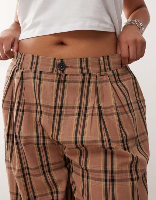 Noisy May Curve - Pantalon à carreaux ample avec taille haute et pinces - Marron, 4 de 5