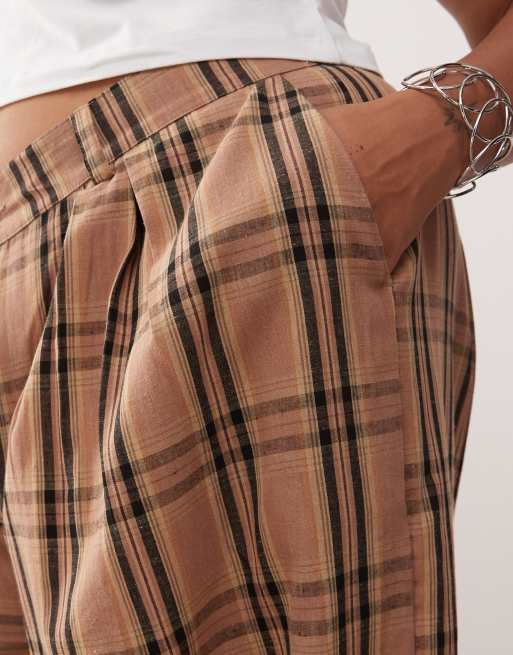 Noisy May Curve - Pantalon à carreaux ample avec taille haute et pinces - Marron, 5 de 5