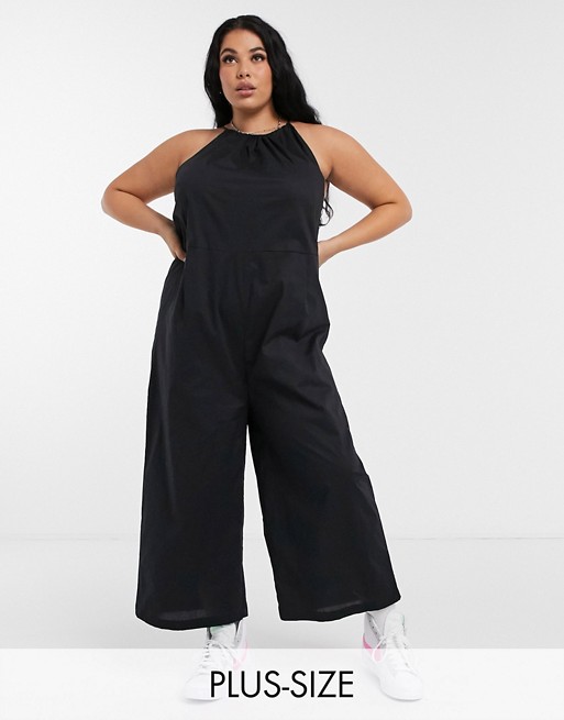 Noisy May Curve poplin jumpsuit with halterneck in black