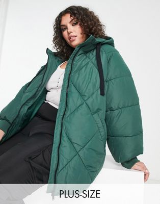 Noisy May Curve quilted padded jacket with hood in dark green