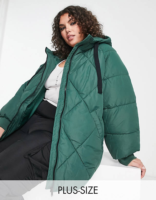 Noisy May Curve - quilted padded jacket with hood in dark green