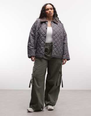 Noisy May Curve quilted plaid jacket in brown