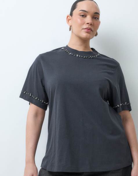 Noisy May Curve rhinestone t-shirt in dark grey - view 1