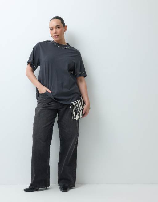 Noisy May Curve rhinestone t-shirt in dark grey, 2 of 5