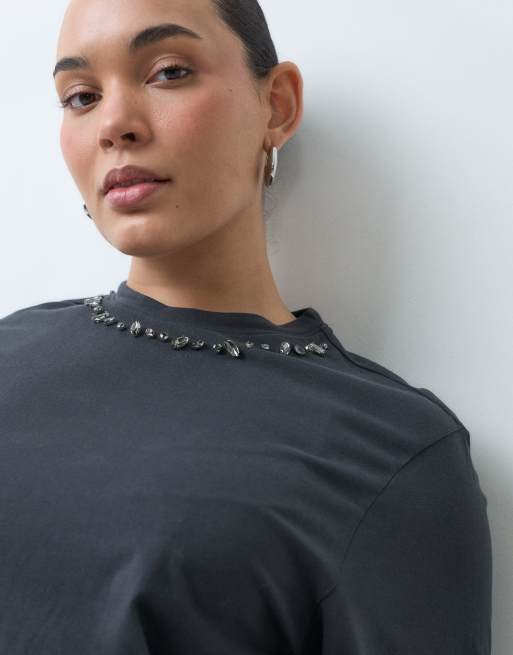 Noisy May Curve rhinestone t-shirt in dark grey, 3 of 5
