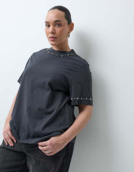 Noisy May Curve rhinestone t-shirt in dark grey, 5 of 5