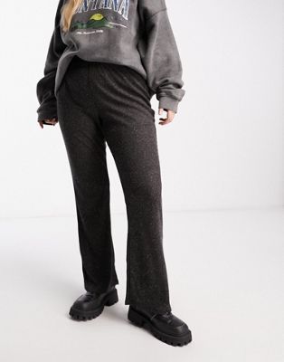 Noisy May Curve ribbed flared trousers in charcoal grey marl