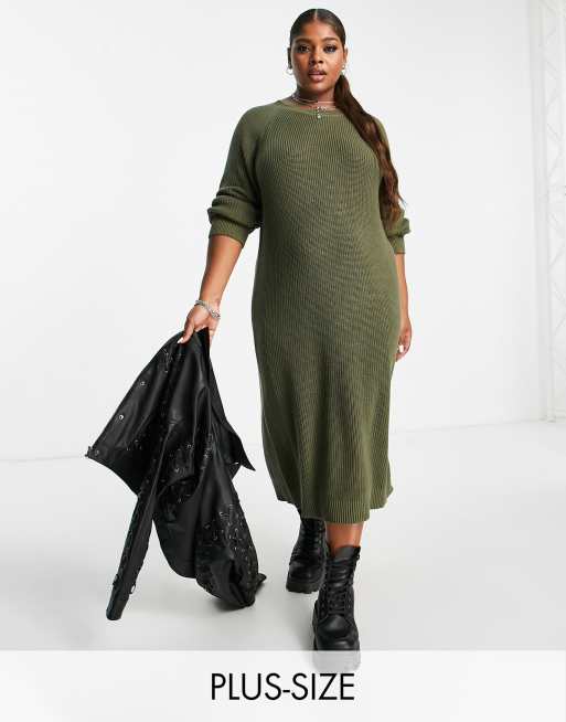 Noisy May Curve - Robe mi-longue en maille fendue sur le côté - Kaki