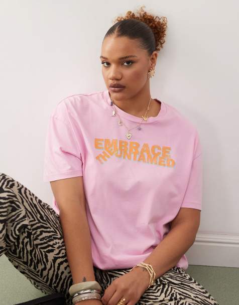 Noisy May Curve oversized tee with front slogan in pink 