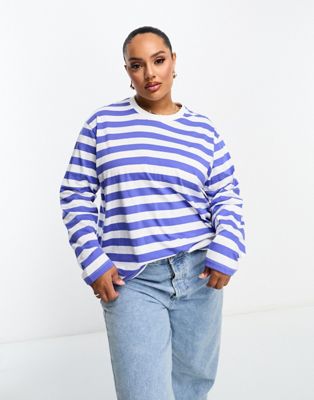 Noisy May Curve scoop neck long sleeve t-shirt in blue & white stripe