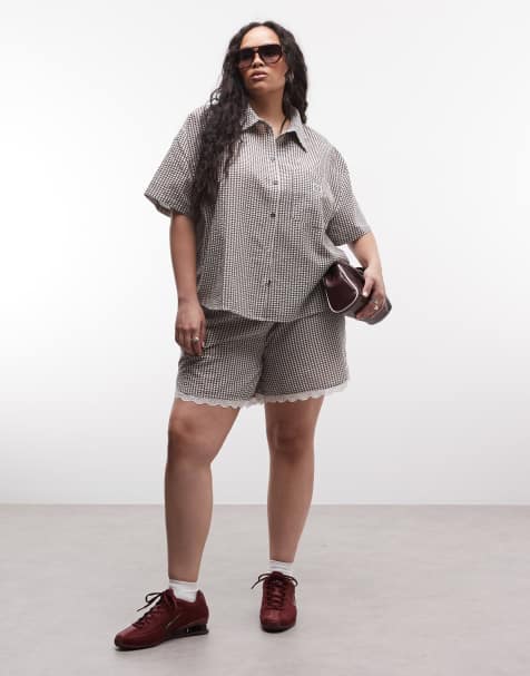 Noisy May Curve seersucker shorts with lace trim in chocolate gingham - part of a set - view 1