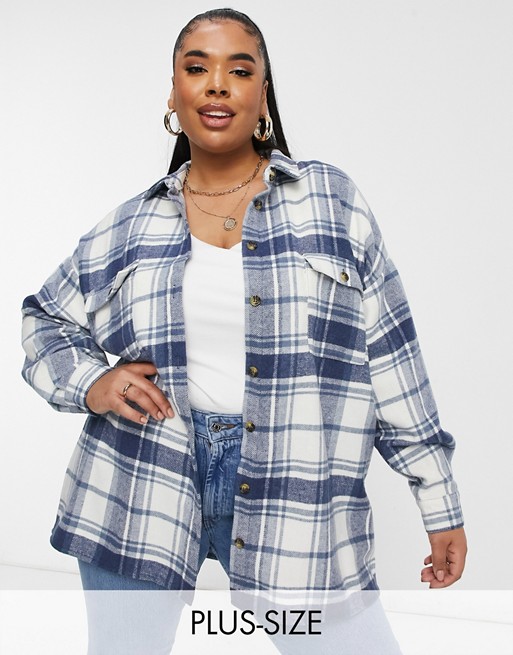 Noisy May Curve shacket in cream and blue check