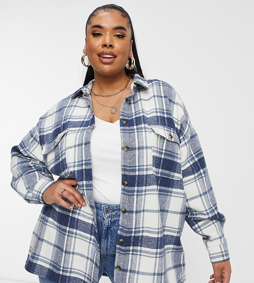 Noisy May Curve shacket in cream and blue check-Multi