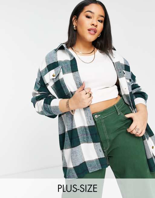 Noisy May Curve shacket in green & cream buffalo plaid