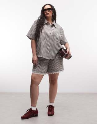 Short d'ensemble en crépon à carreaux vichy et bordures dentelle - Chocolat-Brown 44