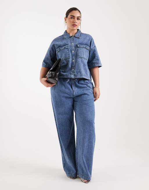 Noisy May Curve short sleeve cropped shirt co-ord in mid blue denim, 2 of 4