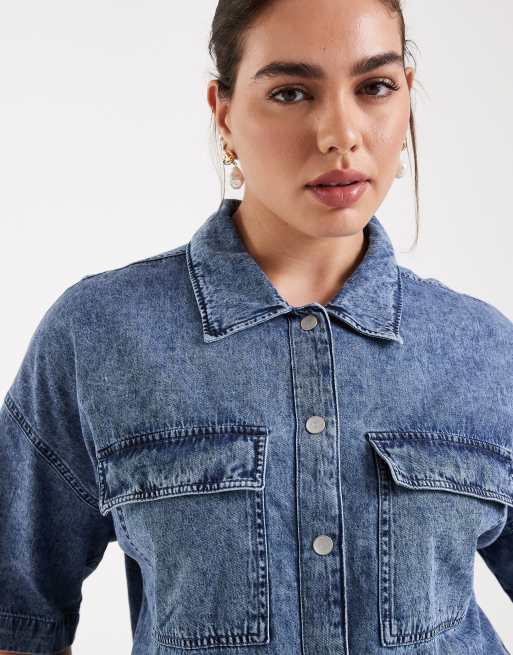 Noisy May Curve short sleeve cropped shirt co-ord in mid blue denim, 3 of 4