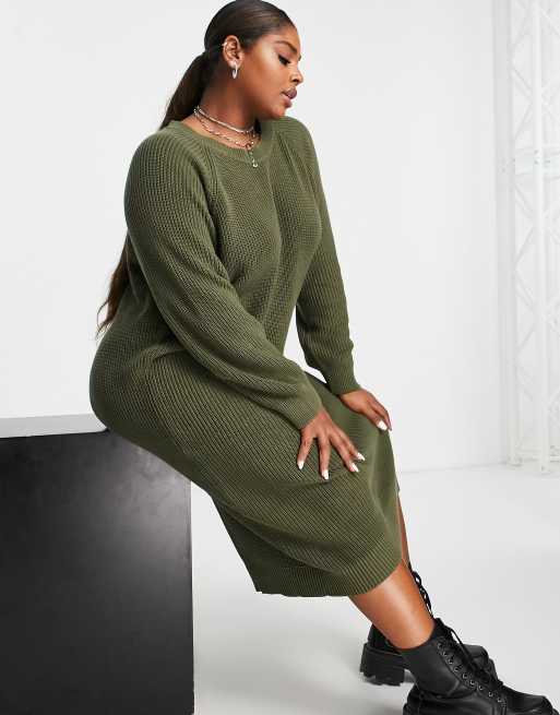 Noisy May Curve side slit knit midi dress in khaki | ASOS