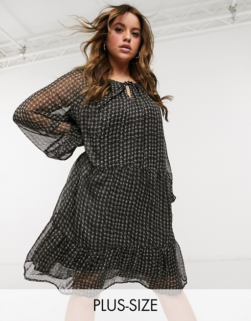 Noisy May Curve skater dress with tie front in black houndstooth
