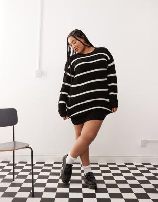 Noisy May Curve slouchy knitted dress in black with cream stripe φωτογραφία