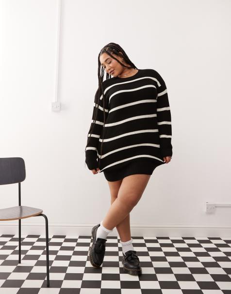 Noisy May Curve slouchy knitted dress in black with cream stripe - view 1
