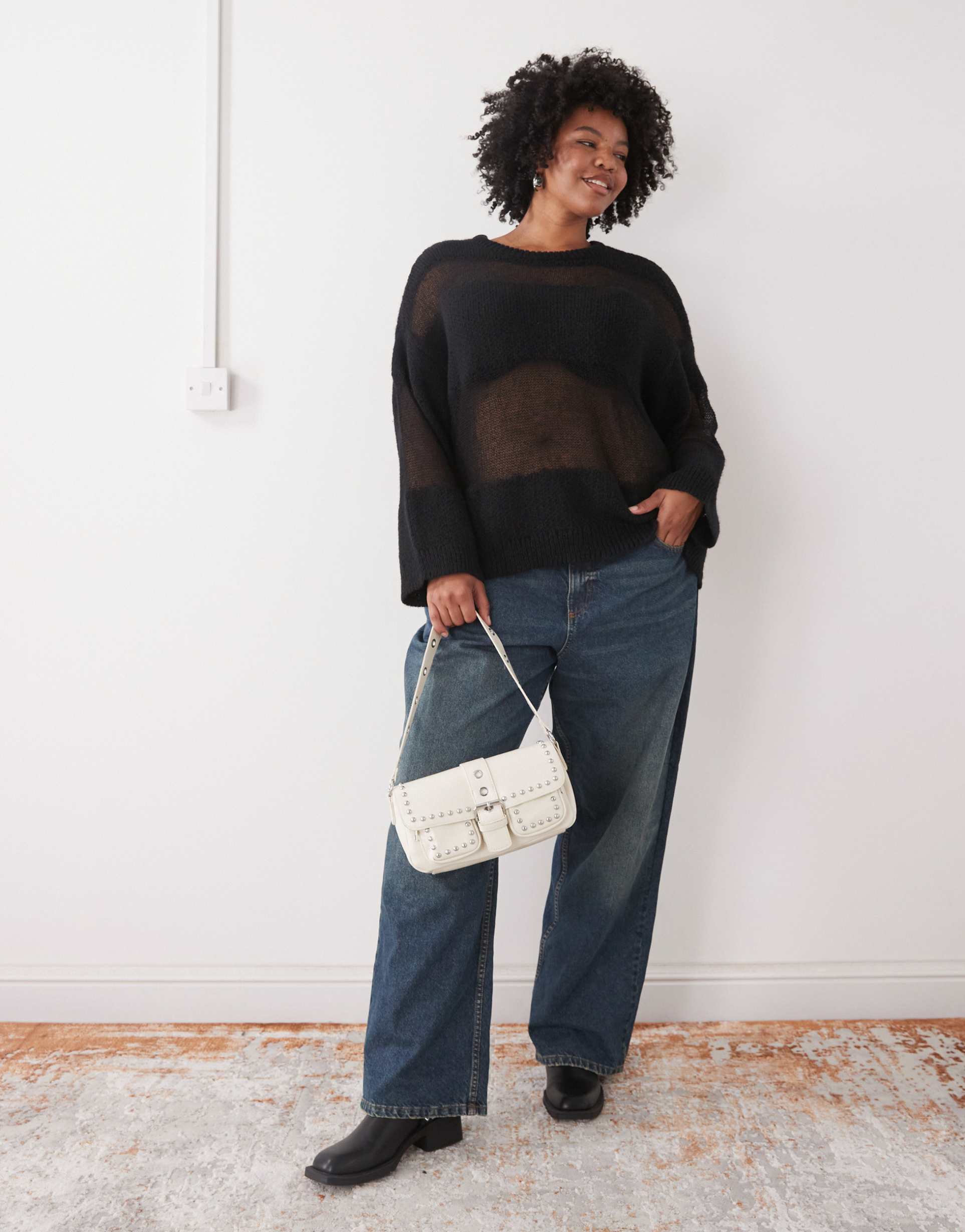 noisy may curve slouchy sheer stripe knit sweater in black