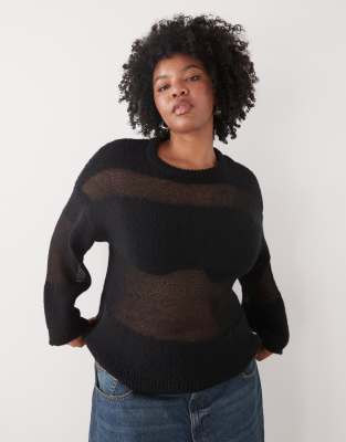 Noisy May Curve Slouchy Sheer Stripe Knit Sweater In Black