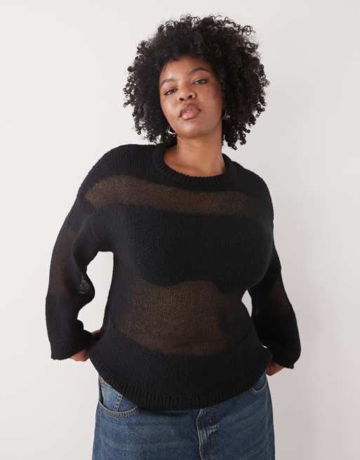 Noisy May Curve slouchy sheer stripe knitted jumper in black, 2 of 4