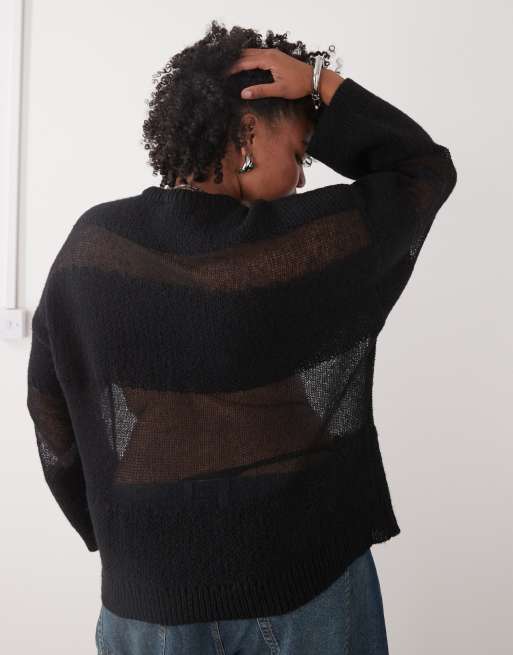Noisy May Curve slouchy sheer stripe knitted jumper in black, 3 of 4