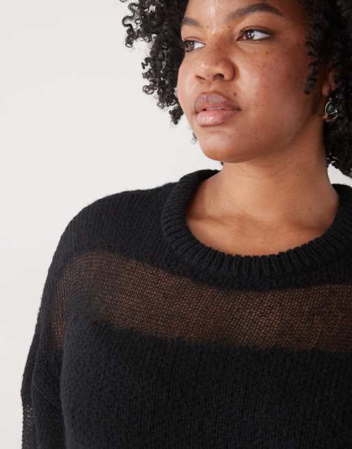 Noisy May Curve slouchy sheer stripe knitted jumper in black, 4 of 4