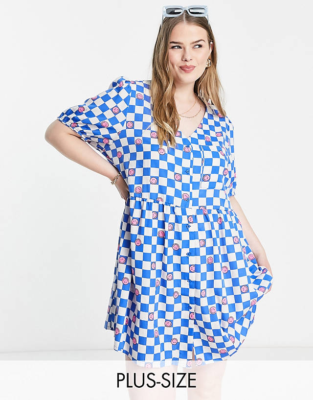 Noisy May Curve - smock mini dress in blue checkerboard