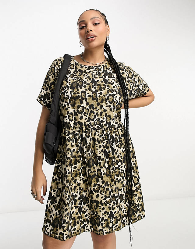 Noisy May Curve - smock mini dress in leopard print