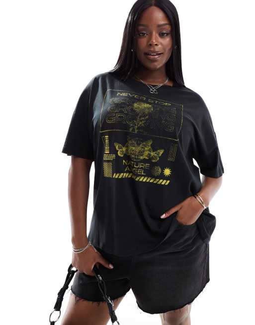 Noisy May Curve - Sort firkantet T-shirt med engleprint på ryggen