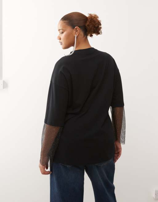 Noisy May Curve – Svart t-shirt i oversize med strassärmar, 3 av 4
