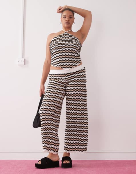 Noisy May Curve loose fit crochet trouser co-ord in black & beige wave