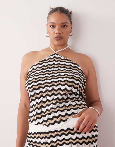Noisy May Curve crochet halter top co-ord in black & beige wave