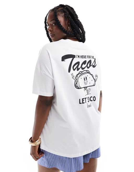 Noisy May Curve - T-shirt oversize avec imprimé taco au dos - Blanc