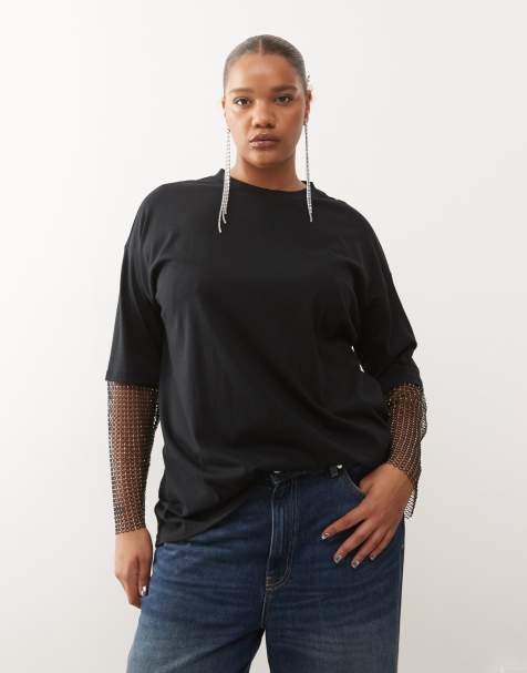 Noisy May Curve - T-shirt oversize avec manches à strass - Noir - view 1