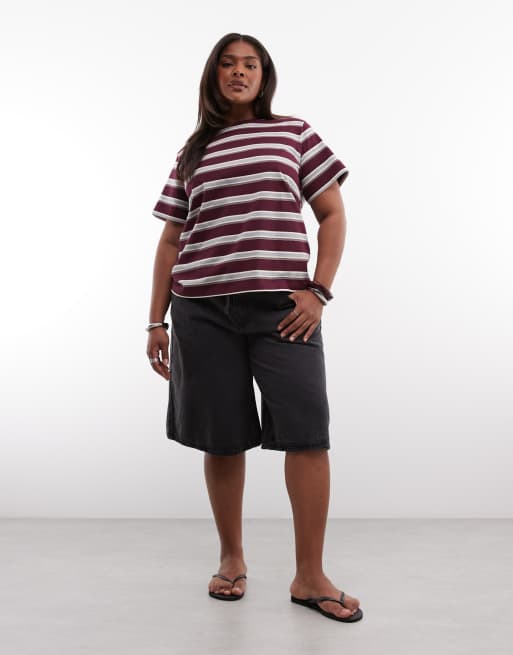 Noisy May Curve - T-shirt squadrata bordeaux e crema a righe, 2 di 4